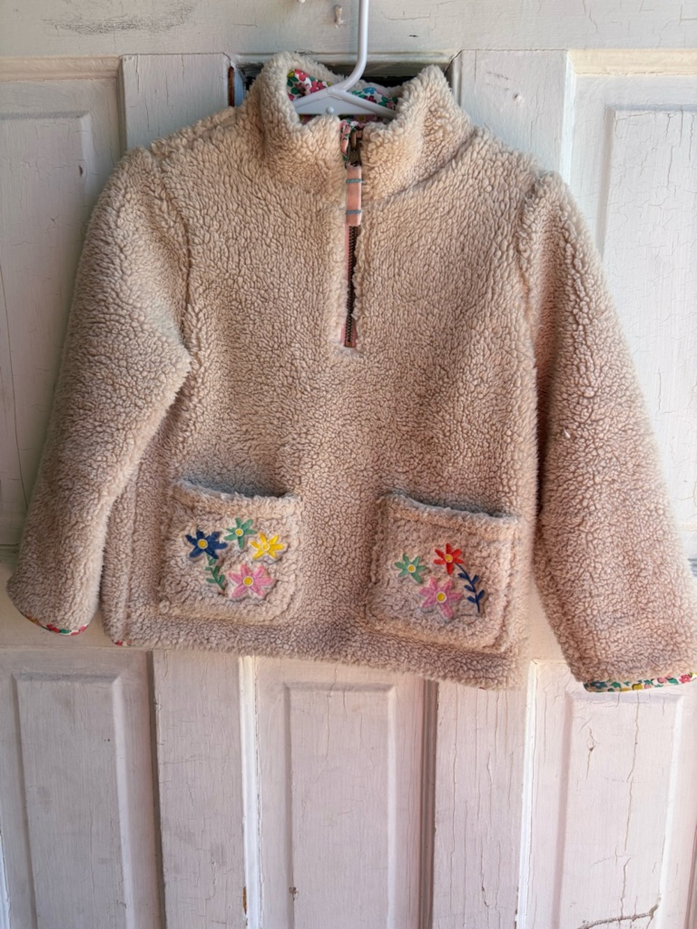 Mini Boden Sherpa Pullover with Floral Pocket Embroidery
